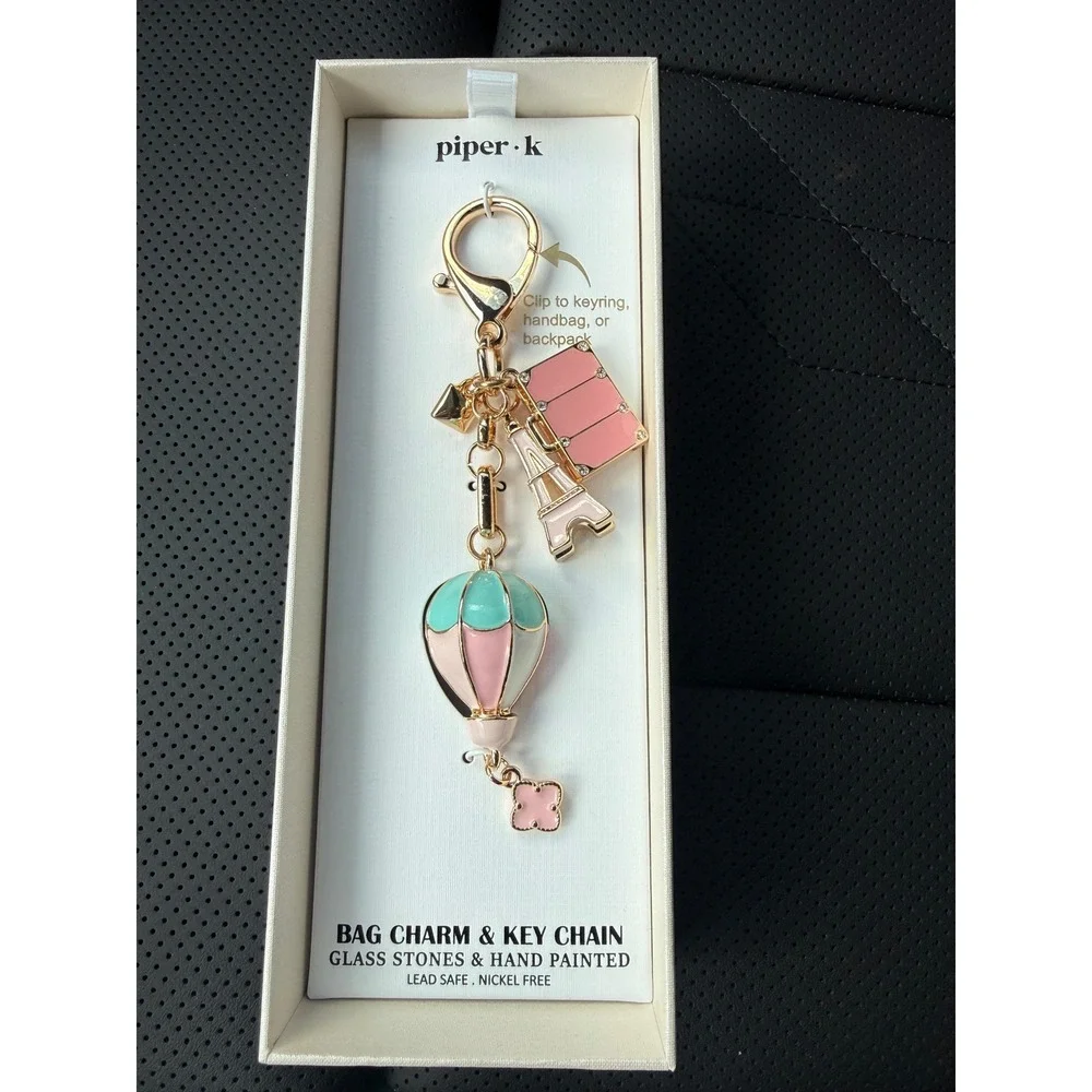Piper K Paris Bag Charm Keychain‎ Hot Air Balloon Eiffel Tower Pink Gold NIB